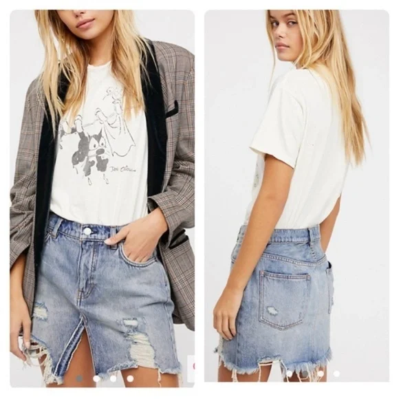 We The Free People destroyed distressed Shredded denim jean mini skirt NWT 26 - Picture 4 of 9